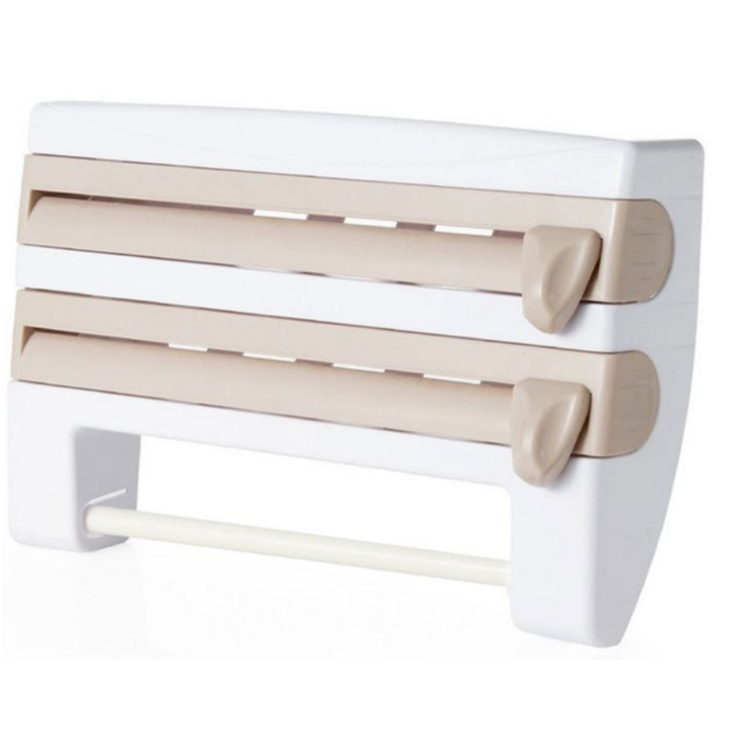 A wall-mounted 3-in-1 foil cutter and kitchen roll holder in white color, with a sliding cutter mechanism and a detachable rod for hanging paper towels or cloths, displayed in a kitchen setting with various items on the shelf below.