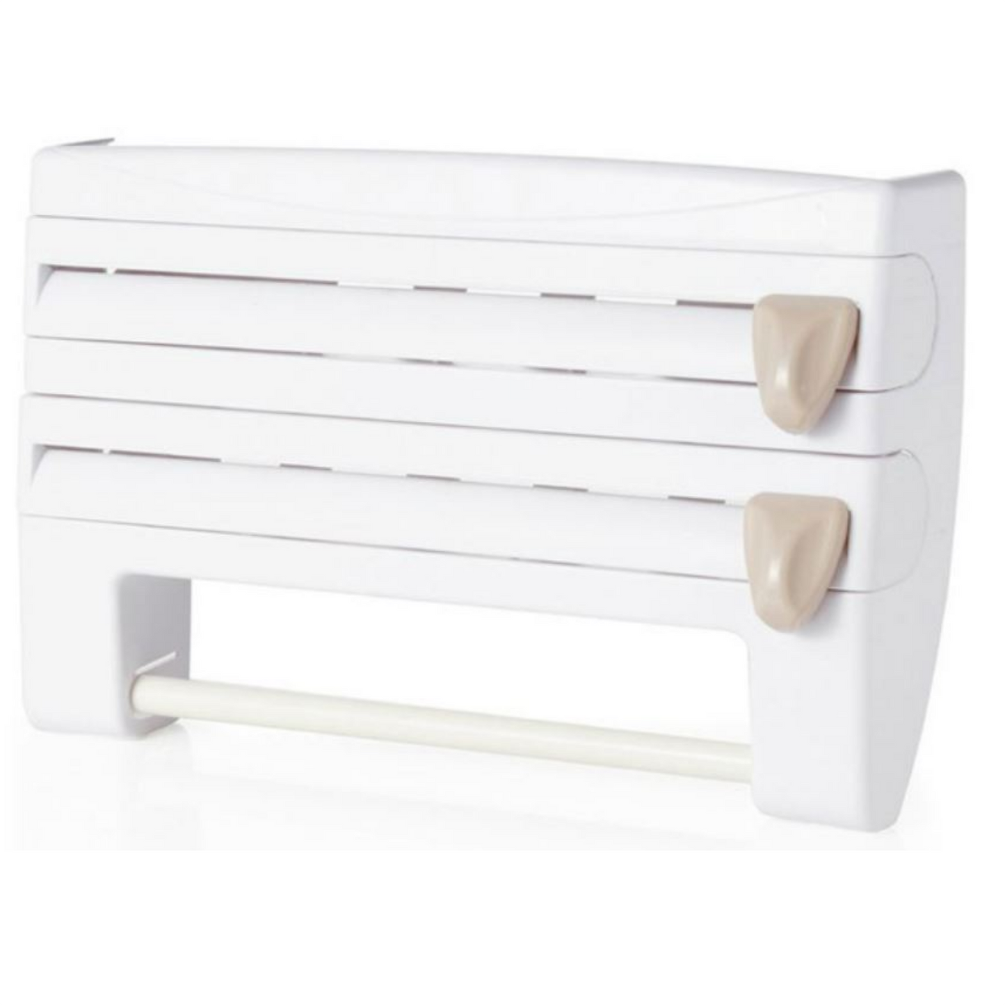 A wall-mounted 3-in-1 foil cutter and kitchen roll holder in white color, with a sliding cutter mechanism and a detachable rod for hanging paper towels or cloths, displayed in a kitchen setting with various items on the shelf below.