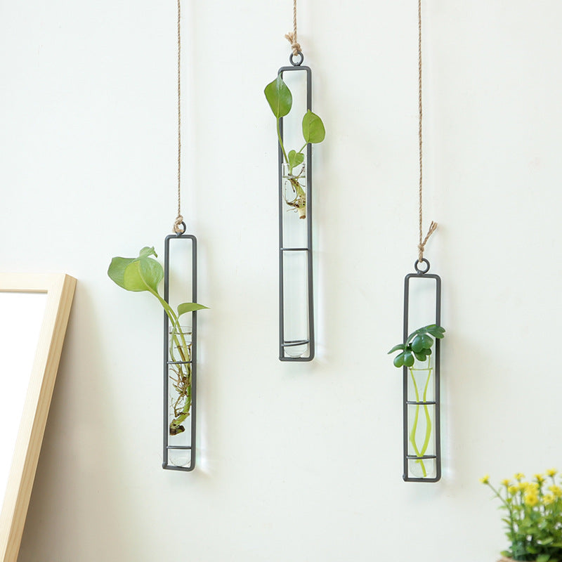 Three rectangular glass hanging vases with Cord, suspended from ceiling, displaying small plants.