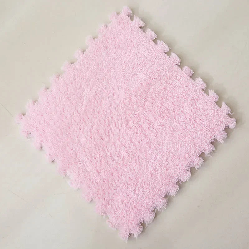 Checkerboard patterned fluffy carpet puzzle tiles displayed on a floor with a stuffed toy and decorative items in the background.