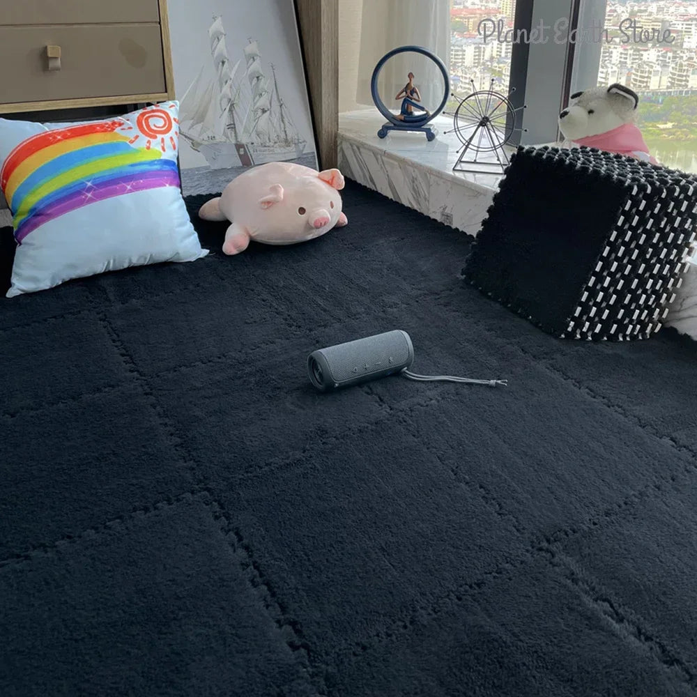 Checkerboard patterned fluffy carpet puzzle tiles displayed on a floor with a stuffed toy and decorative items in the background.