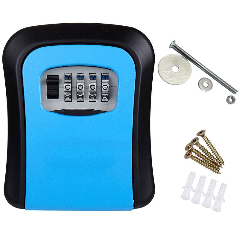 A wall-mounted key safe with a combination lock, in a gray color, partially open to show the keys inside.