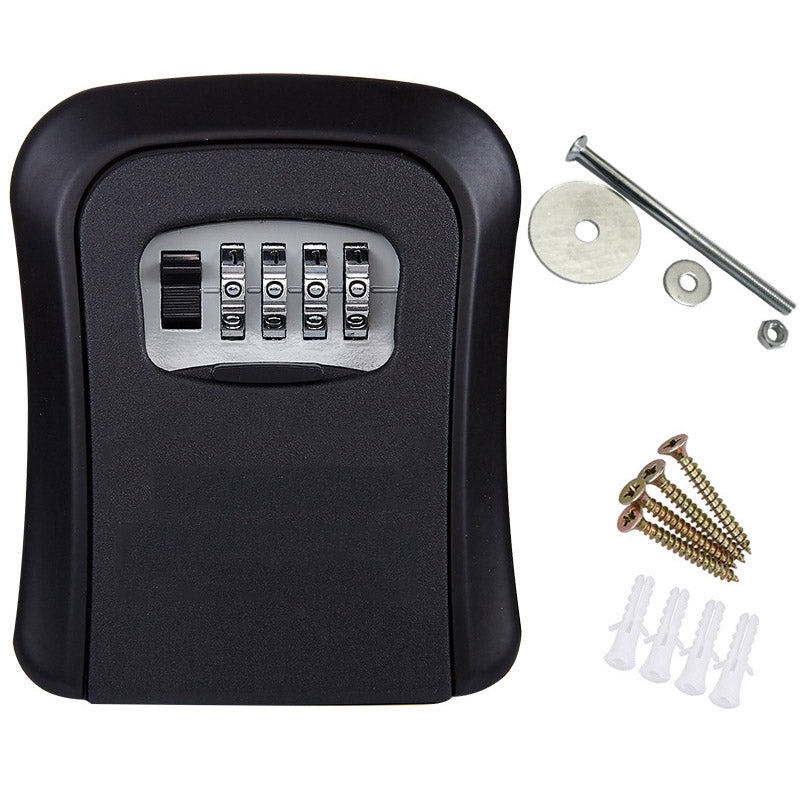 A wall-mounted key safe with a combination lock, in a gray color, partially open to show the keys inside.