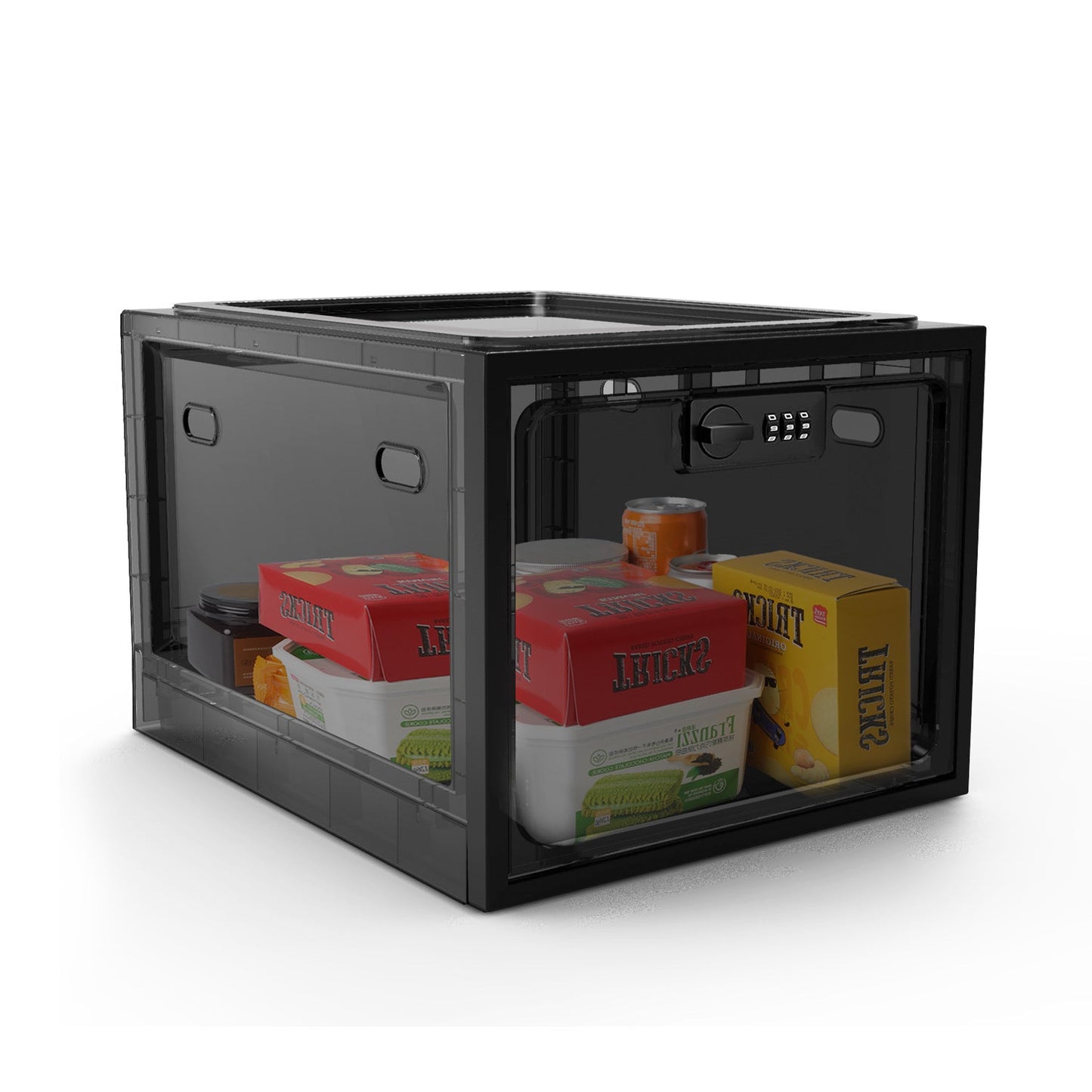 A lockable clear plastic box with a combination lock, designed to fit into a refrigerator.