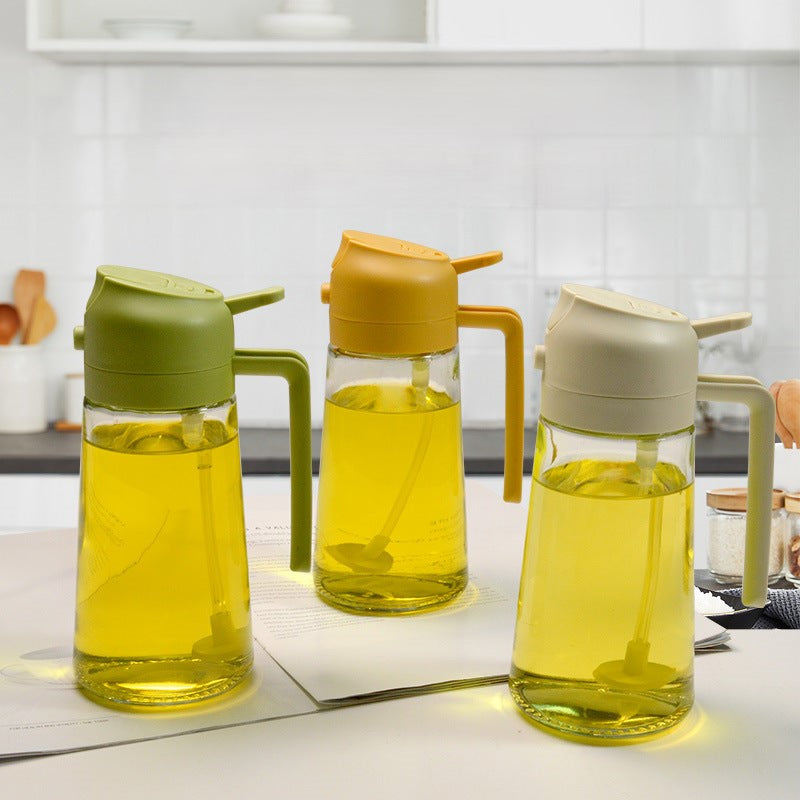 Three multifunctional oil dispenser bottles with yellow liquid inside, displayed on a kitchen counter. Each bottle has a different colored lid and spout.