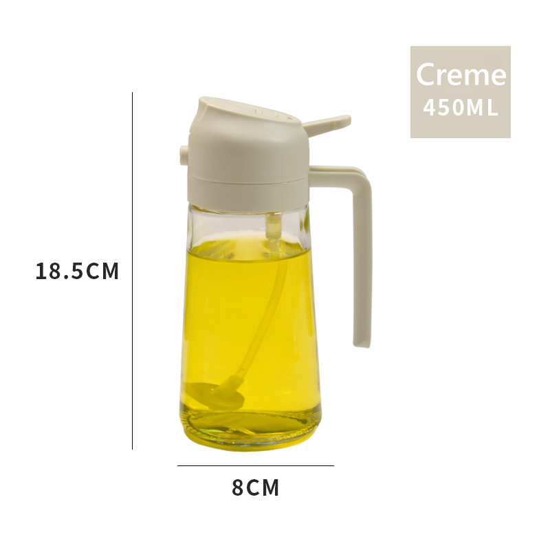 Three multifunctional oil dispenser bottles with yellow liquid inside, displayed on a kitchen counter. Each bottle has a different colored lid and spout.