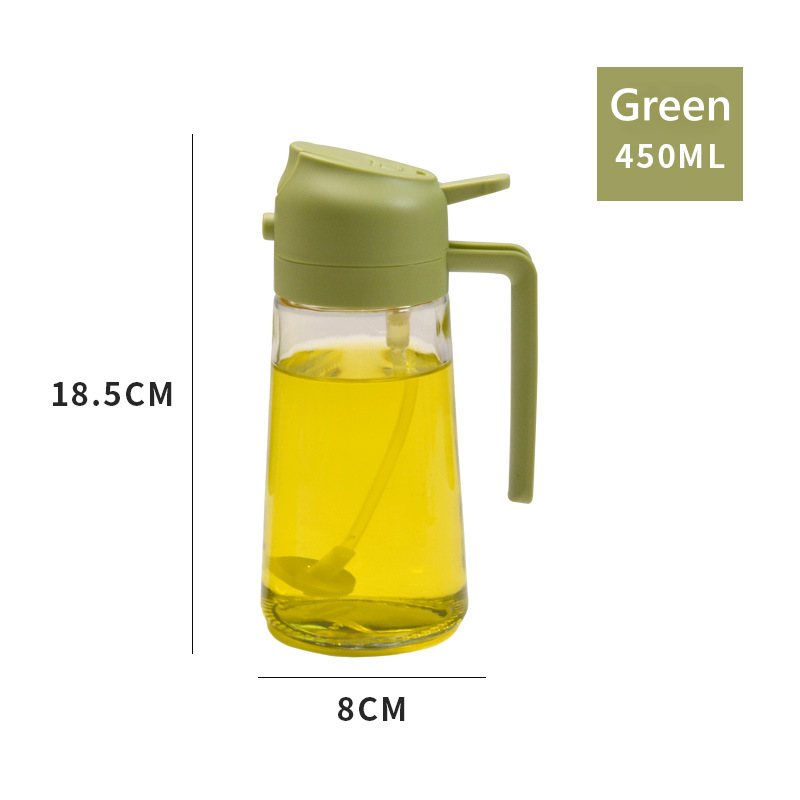 Three multifunctional oil dispenser bottles with yellow liquid inside, displayed on a kitchen counter. Each bottle has a different colored lid and spout.