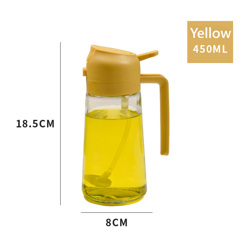Three multifunctional oil dispenser bottles with yellow liquid inside, displayed on a kitchen counter. Each bottle has a different colored lid and spout.