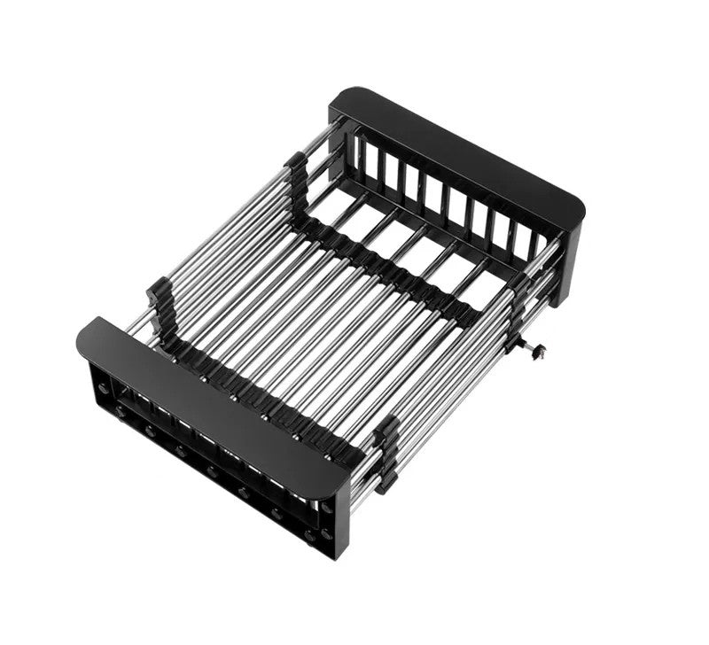 Metal drawer organizer with black plastic guides on a white background