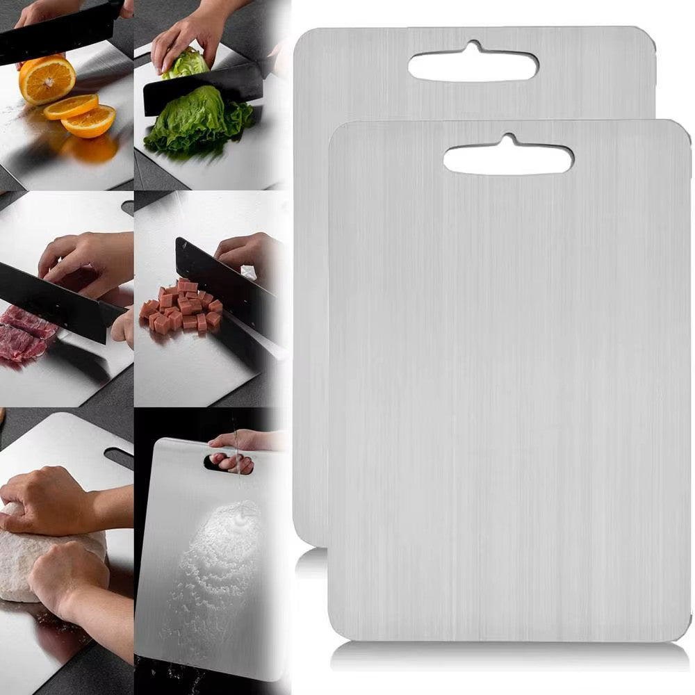 A collage of images showing a stainless steel titanium cutting board in use with various foods being cut on it, alongside scenes of the board being cleaned and stored.