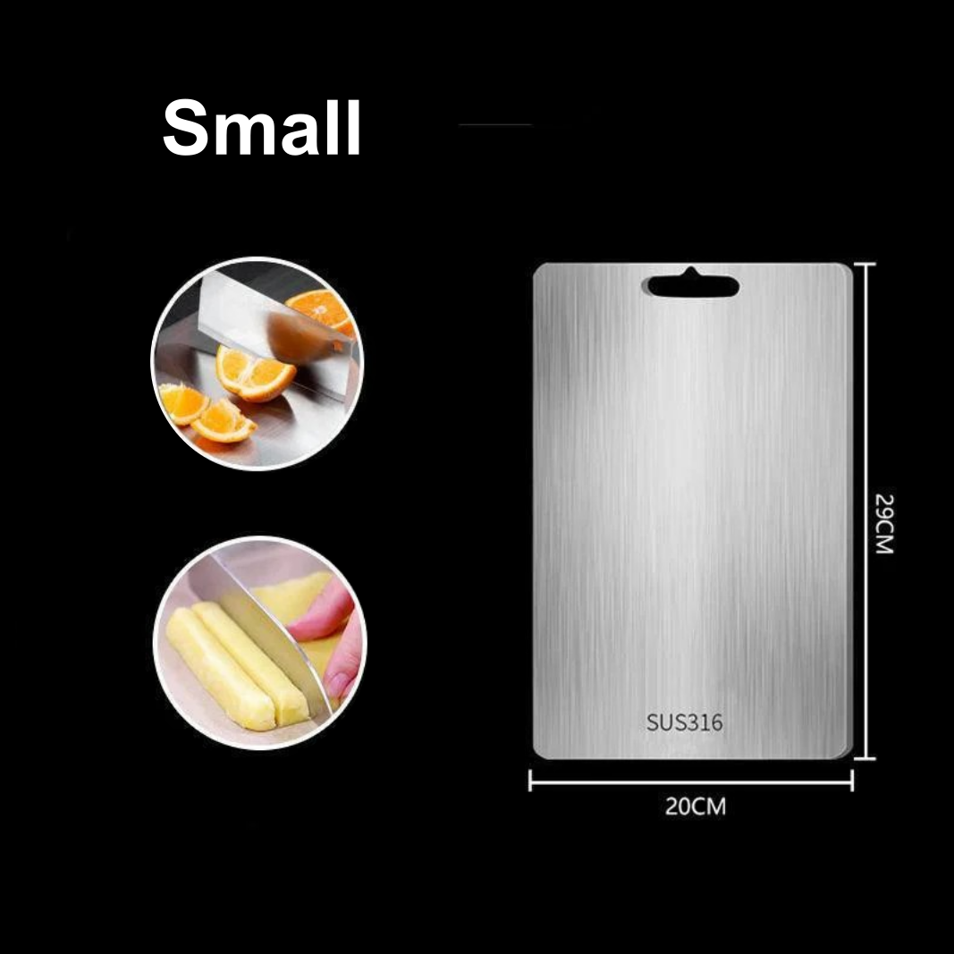 A collage of images showing a stainless steel titanium cutting board in use with various foods being cut on it, alongside scenes of the board being cleaned and stored.