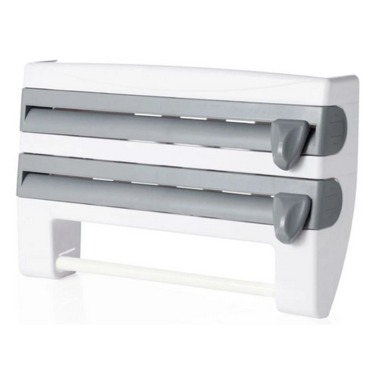 A wall-mounted 3-in-1 foil cutter and kitchen roll holder in white color, with a sliding cutter mechanism and a detachable rod for hanging paper towels or cloths, displayed in a kitchen setting with various items on the shelf below.