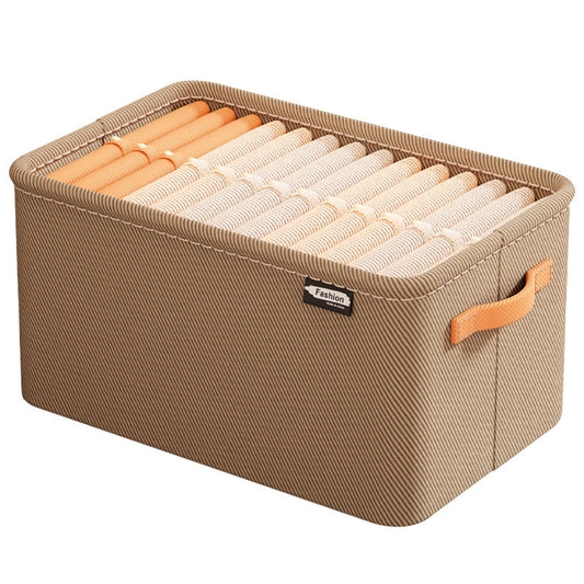 A clothing box organizer in a khaki color with visible side handles and a fabric build.