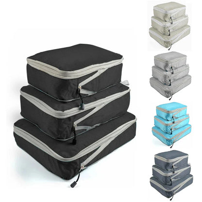 Set of three compression packing bags in black, with additional colors shown in blue and gray. Each bag has a zipper closure and a mesh side panel.