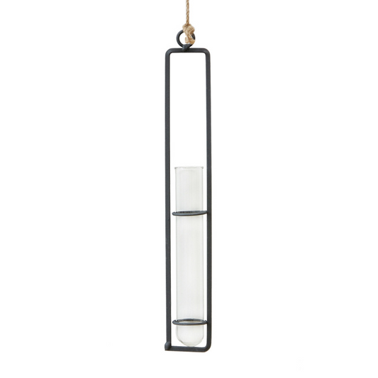 Hanging glass candle holder with metal frame on a white background