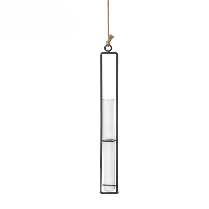 Hanging candle holder with clear glass and black metal frame on a white background