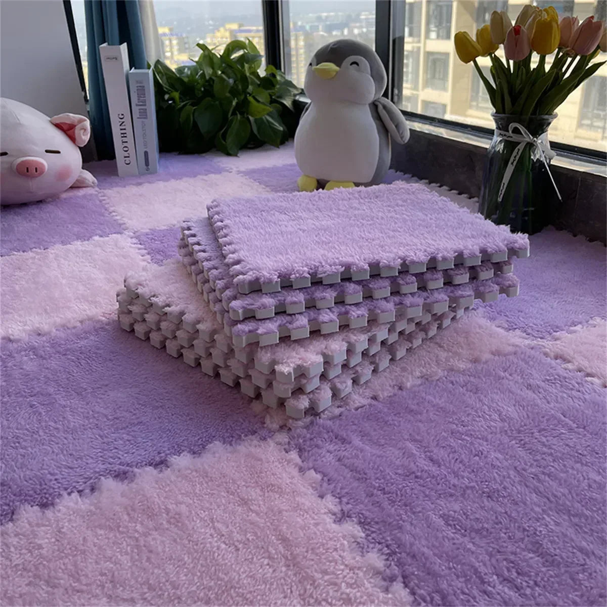 Checkerboard patterned fluffy carpet puzzle tiles displayed on a floor with a stuffed toy and decorative items in the background.