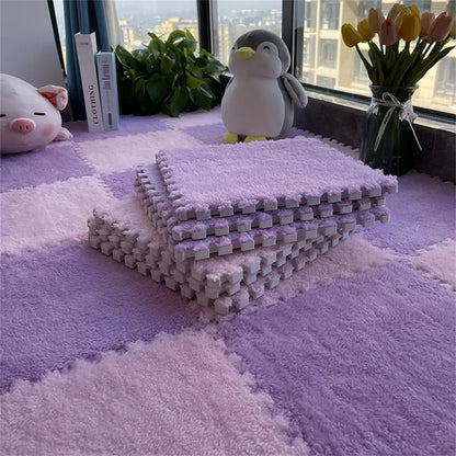 Checkerboard patterned fluffy carpet puzzle tiles displayed on a floor with a stuffed toy and decorative items in the background.