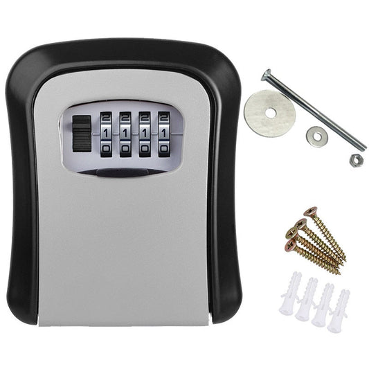 A wall-mounted key safe with a combination lock, in a gray color, partially open to show the keys inside.