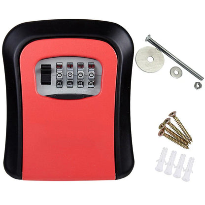 A wall-mounted key safe with a combination lock, in a gray color, partially open to show the keys inside.