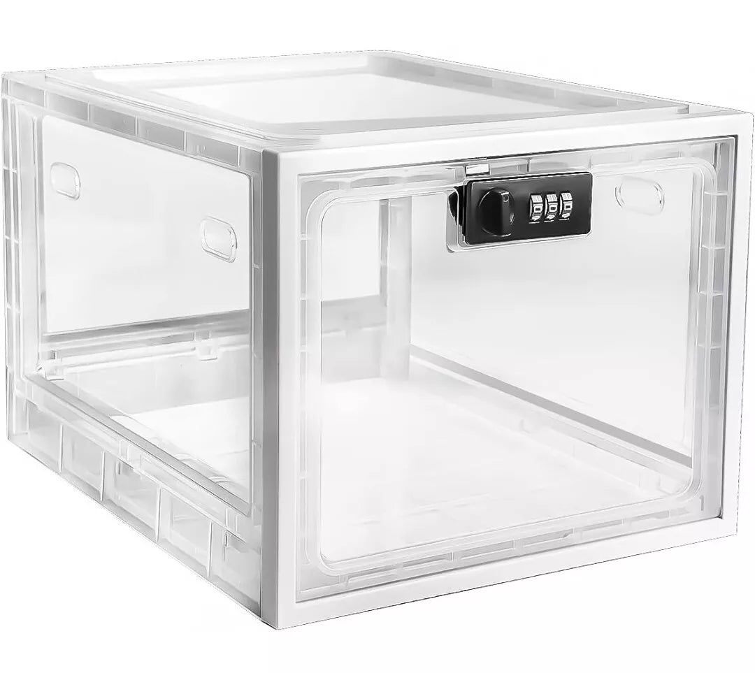 A lockable clear plastic box with a combination lock, designed to fit into a refrigerator.