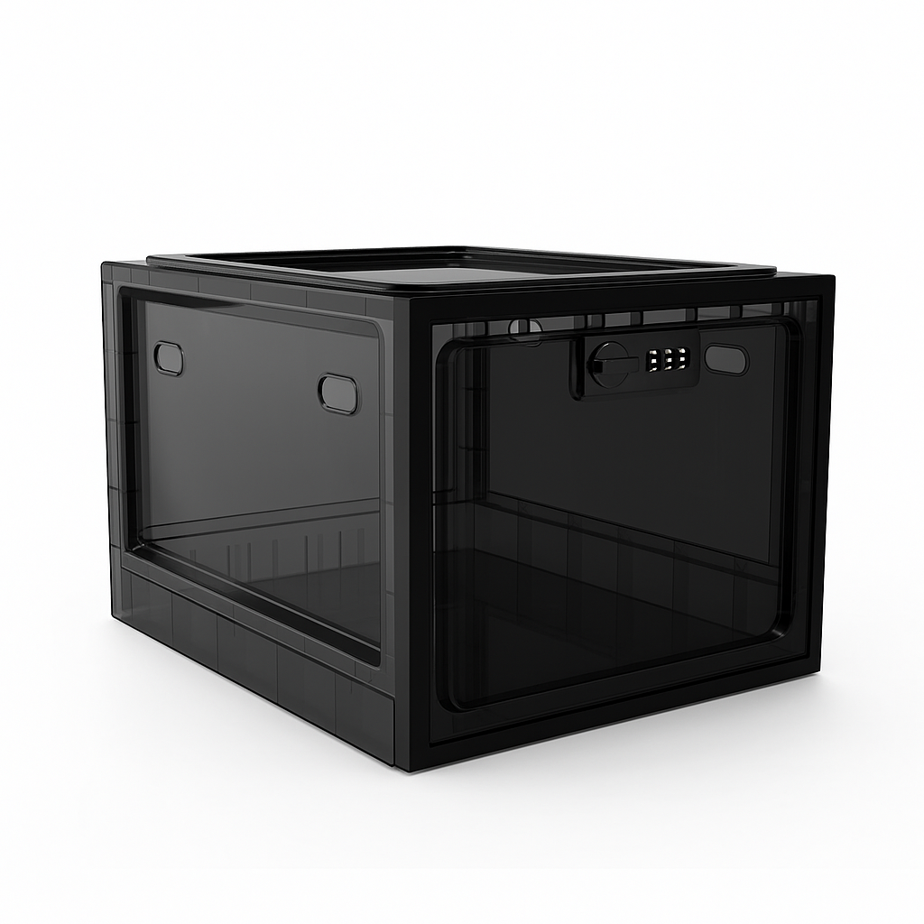 Black plastic crate on a white background