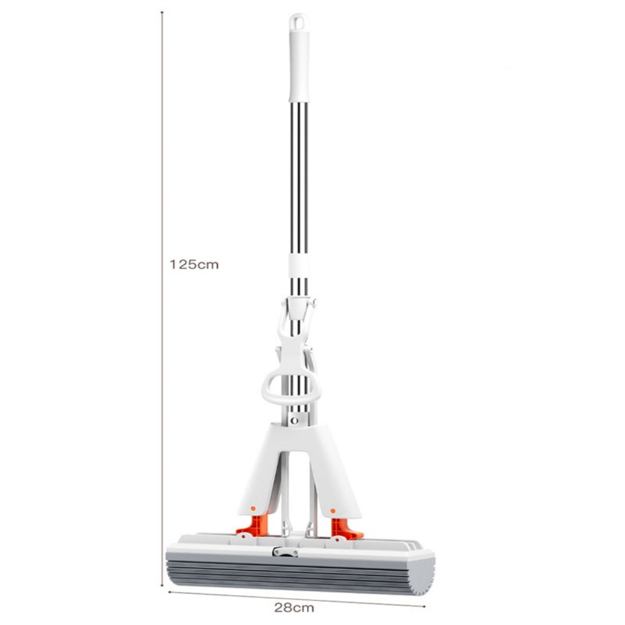 A white mop with orange sponge attachments, featuring a wringing mechanism and an adjustable handle, standing upright on a floor.