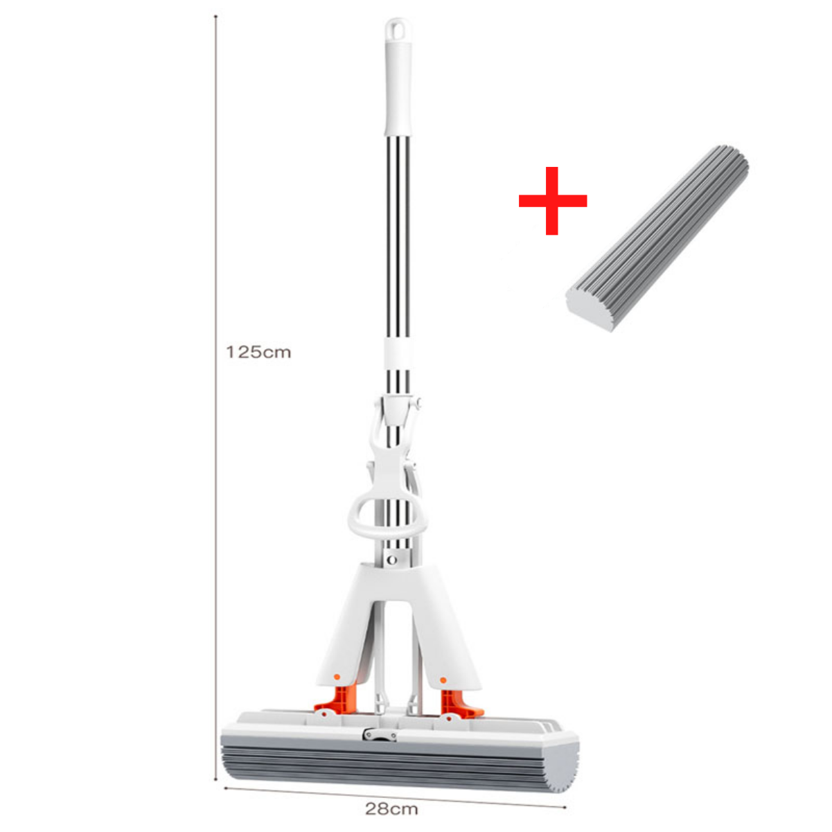 A white mop with orange sponge attachments, featuring a wringing mechanism and an adjustable handle, standing upright on a floor.