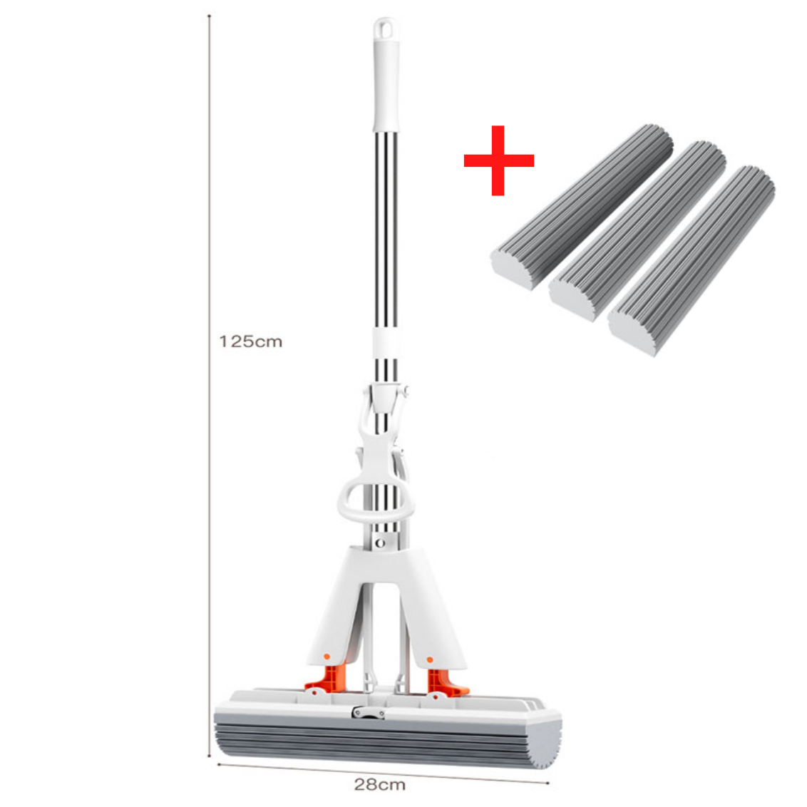 A white mop with orange sponge attachments, featuring a wringing mechanism and an adjustable handle, standing upright on a floor.