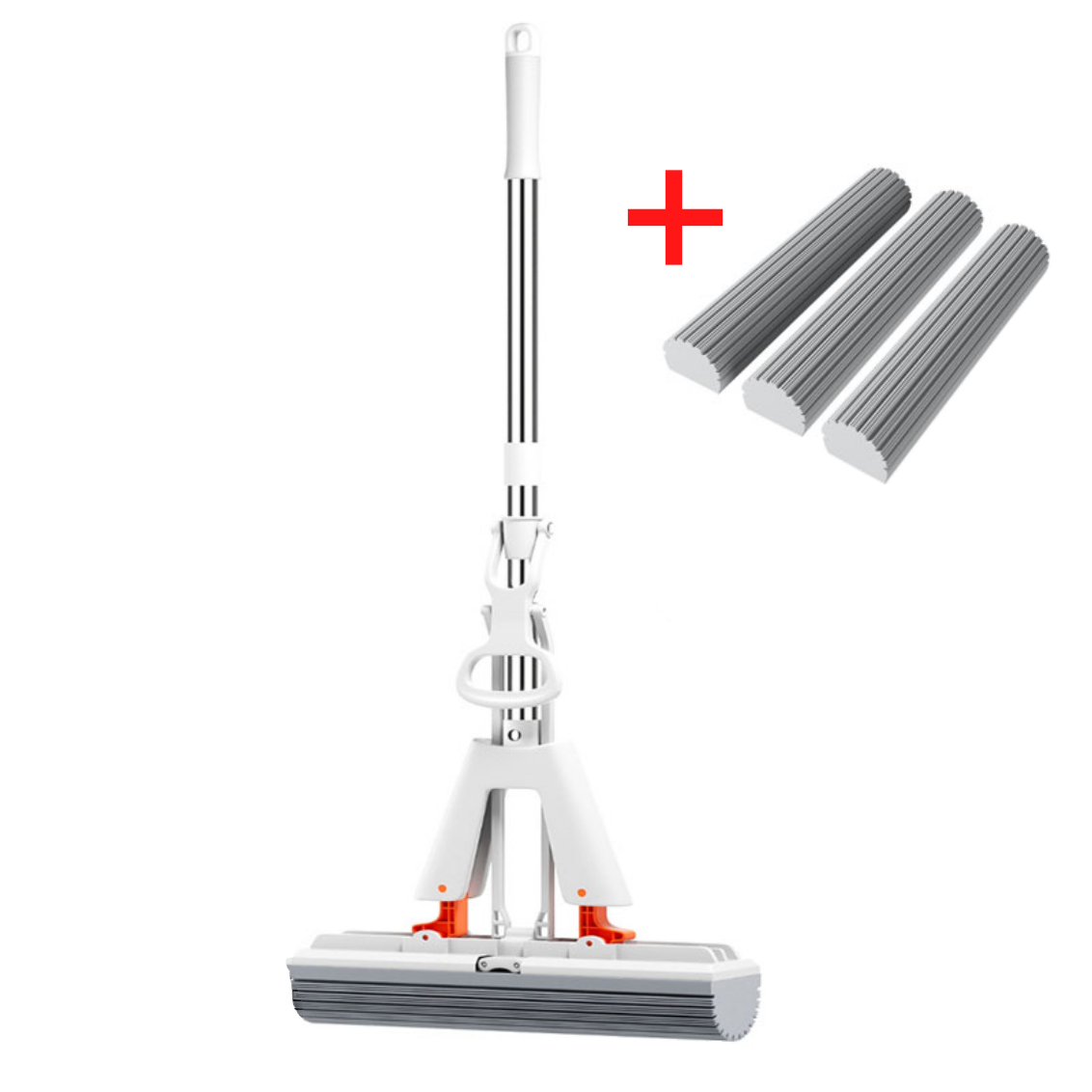 Mop with extendable handle and three replacement heads on a white background