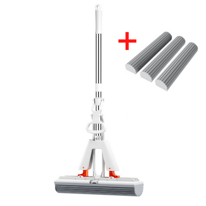 Mop with extendable handle and three replacement heads on a white background