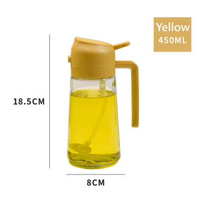 Three multifunctional oil dispenser bottles with yellow liquid inside, displayed on a kitchen counter. Each bottle has a different colored lid and spout.