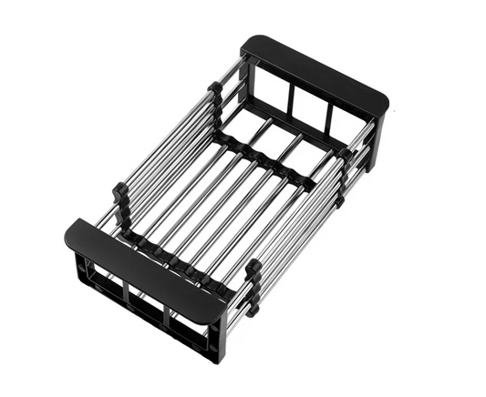 Black and silver metal drying rack on a white background