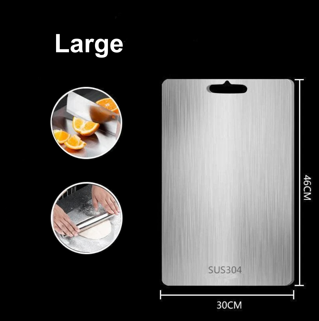 A collage of images showing a stainless steel titanium cutting board in use with various foods being cut on it, alongside scenes of the board being cleaned and stored.